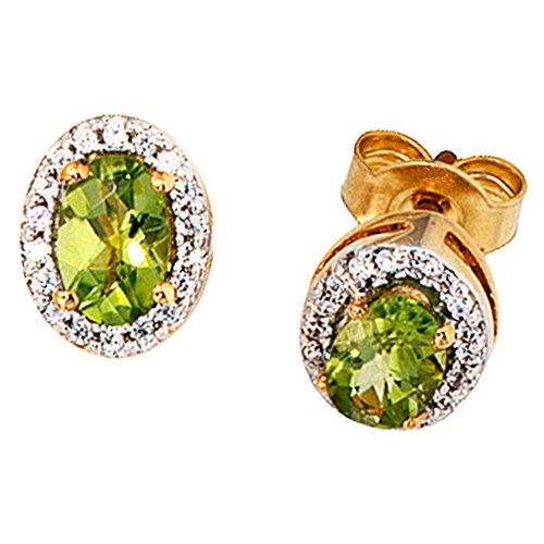 JOBO Damen-Ohrstecker aus 585 Gold mit Peridot Oval und 36 Diamanten