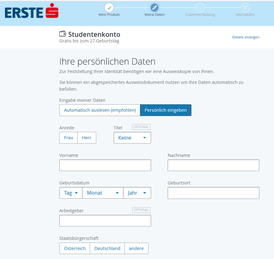 angabe der persoenlichen daten studentenkonto