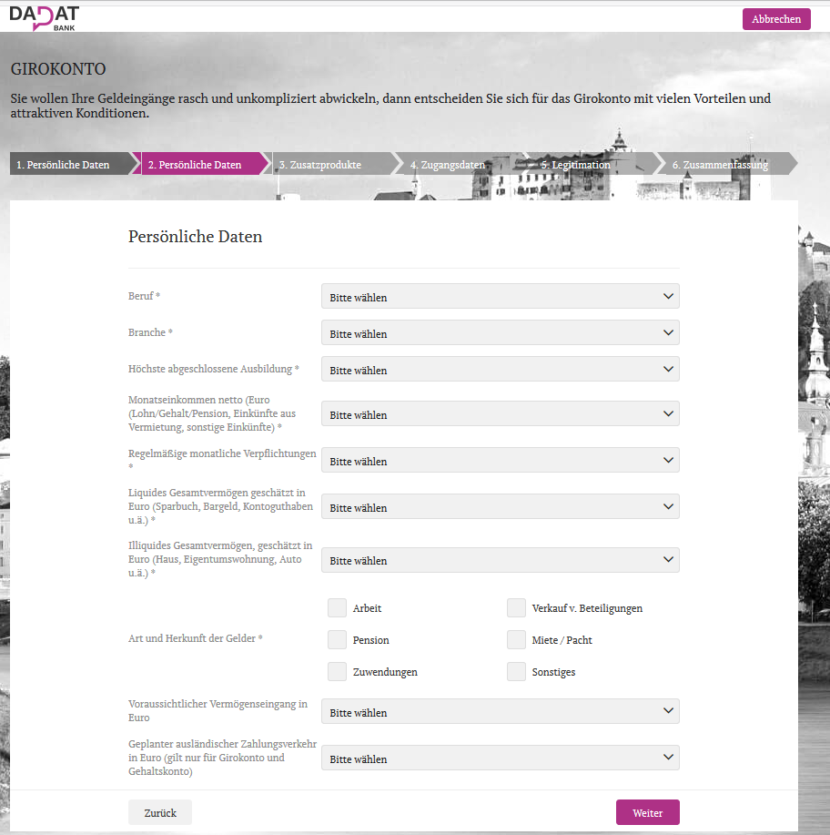 angabe persoenlicher daten bei dadat
