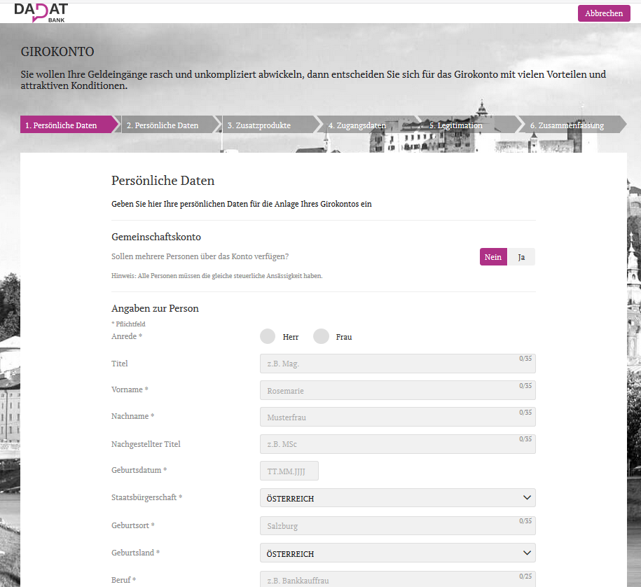 angabe persoenlicher daten girokonto dadat