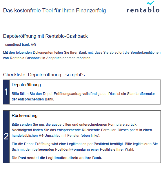 Rentablo Fonds Cashback & Finanzmanager für Österreich - Erfahrung, Test checkliste depoteroeffnung rentablo