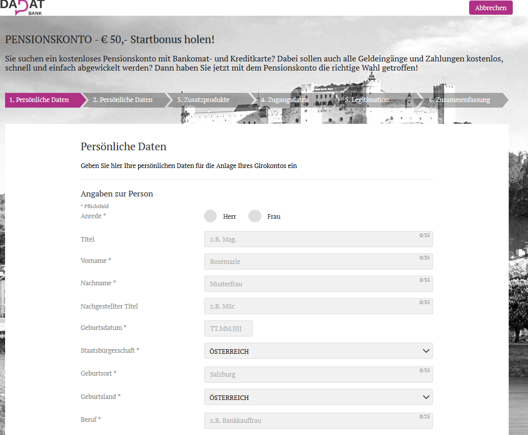 dadat pensionskonto persoenliche daten
