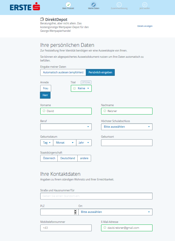 erste bank direkt depot persoenliche daten