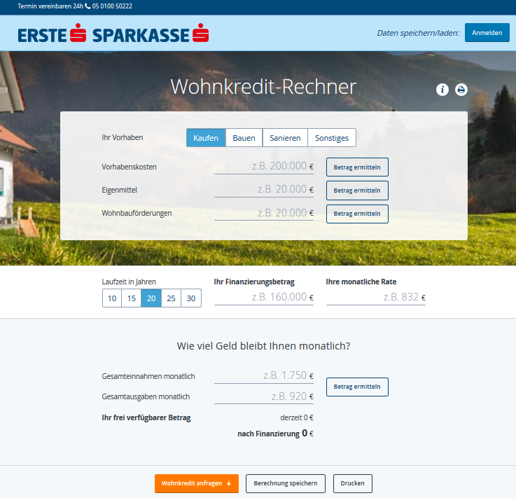 erste bank s wohnkredit rechner