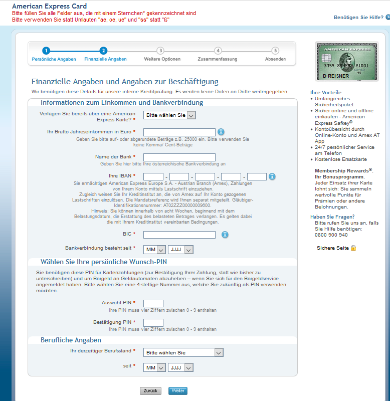 finanzielle angaben amex green card