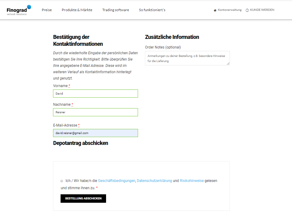 finograd depotantrag abschicken