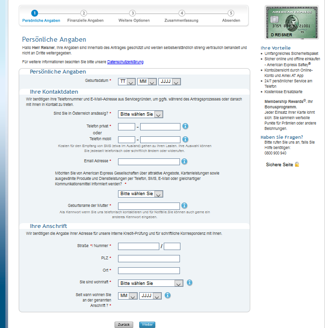 persoenliche angaben amex green
