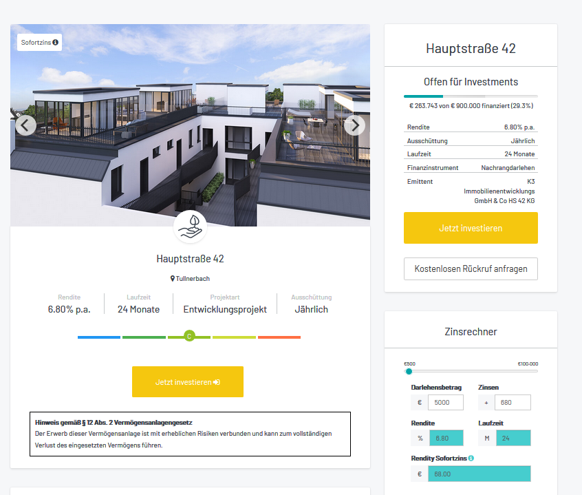 Online Crowdinvesting in Immobilien in Österreich - Rendity Erfahrung, Zinsen, Test rendity aktuelles investment beispiel