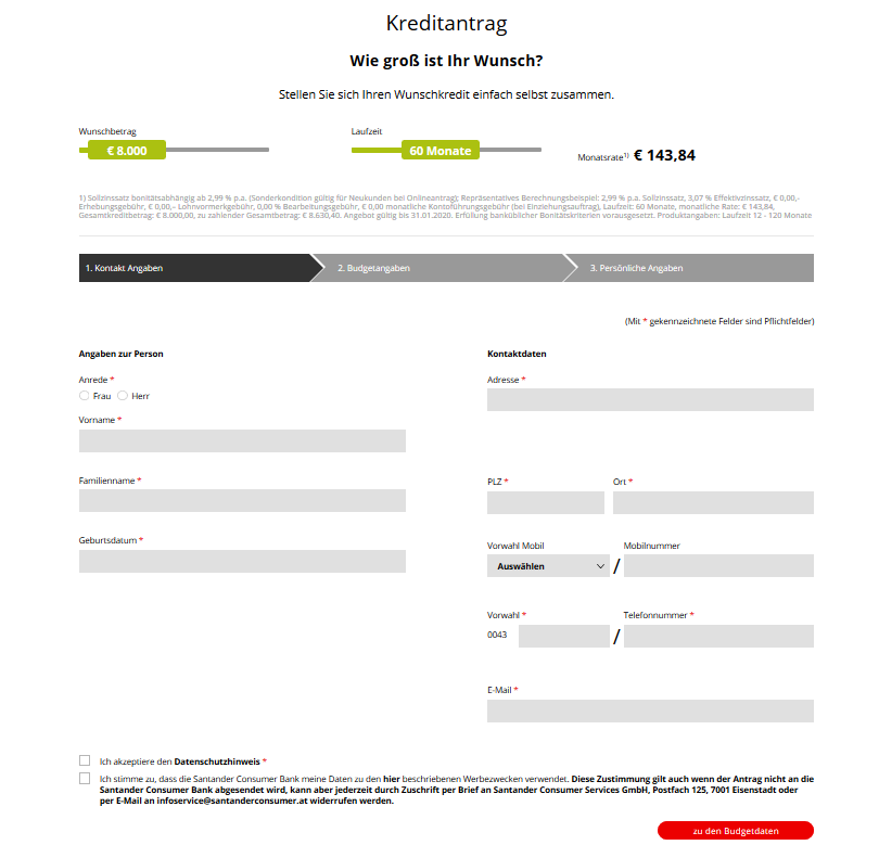 santander kreditantrag daten
