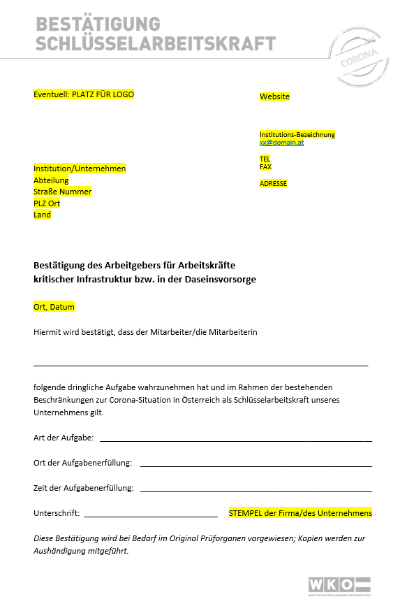 Coronavirus: WKO Bestätigungsformular für Schlüsselarbeitskräfte bei Polizeikontrolle