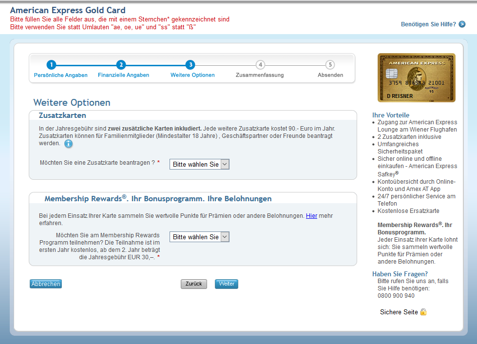zusatzkarten membership gold card